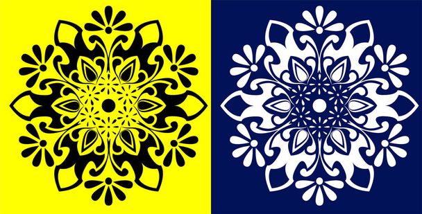 黄色と青の背景に隔離された花の芸術のインドの伝統と文化ランゴリー曼荼羅のデザインコンセプト - ベクター画像