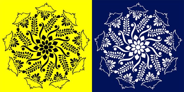 Indické tradiční a kulturní Rangoli mandala design koncept květinové umění s ptáky a listy izolované na žlutém a modrém pozadí - Vektor, obrázek