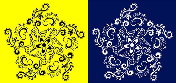 Indické tradiční a kulturní Rangoli mandala design koncept květinové umění izolované na žlutém a modrém pozadí - Vektor, obrázek