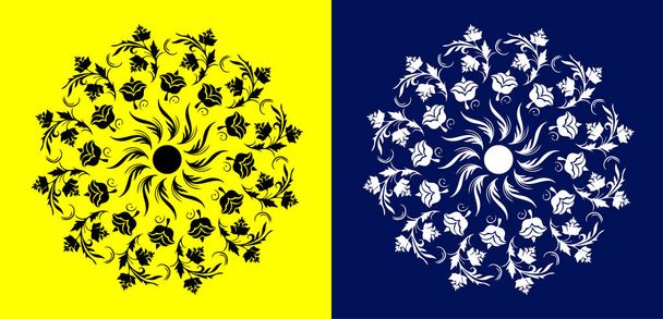 Indické tradiční a kulturní Rangoli mandala design koncept květinové umění izolované na žlutém a modrém pozadí - Vektor, obrázek