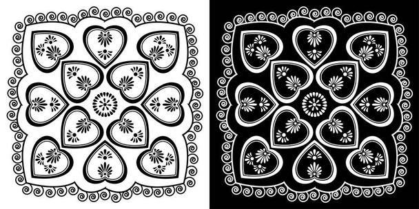 Indyjskie tradycyjne i kulturalne Rangoli mandala projekt koncepcja kwiatowy wzór z miłości kształty serca izolowane na czarno-białym tle  - Wektor, obraz