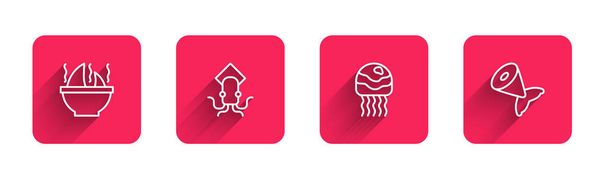 Set line Shark fin soup, Octopus, Jellyfish and Fish tail with long shadow. Red square button. Vector - Vector, Image