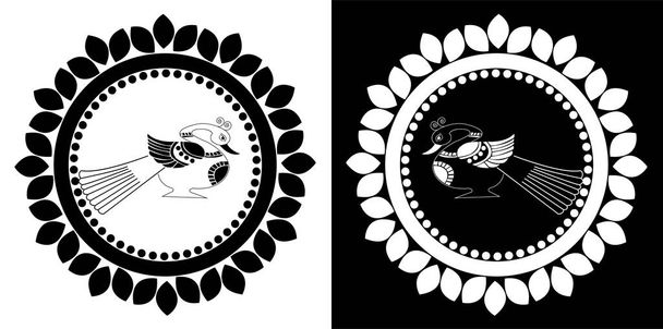 Krásný páv s peřím uvnitř mandaly zdobené okvětní lístky izolované na černém a bílém pozadí - Vektor, obrázek