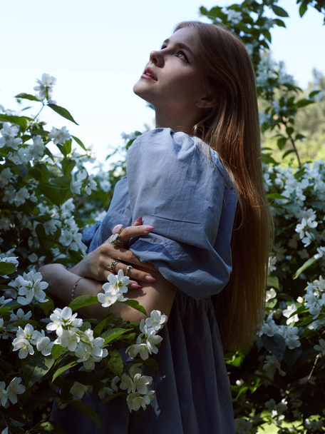 a lovely girl in a blue summer dress stands near a blossoming tree - Foto, afbeelding