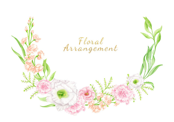 Αδιάβροχο λουλούδι απεικόνιση στεφάνι. Χειροποίητη διάταξη συνόρων με λουλούδια που απομονώνεται σε λευκό φόντο. Ροζ, ρουζ και λευκά μπουμπούκια για προσκλήσεις γάμου, εκτός από την ημερομηνία, κάρτες, στεφάνια - Φωτογραφία, εικόνα