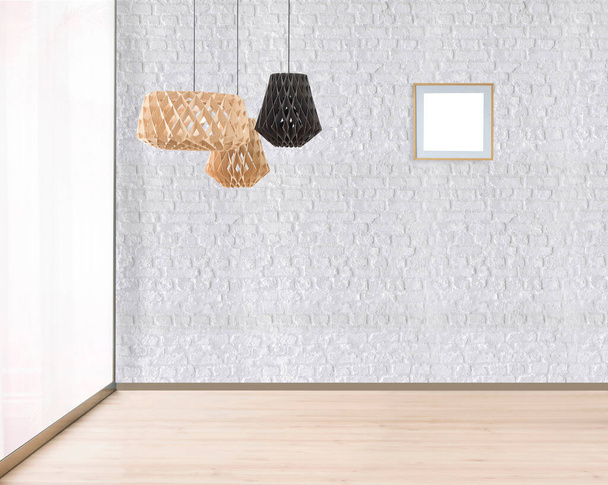 parede decoração interior vazio lâmpada moderna e conceito de piso de madeira, fundo decorativo para escritório em casa - Foto, Imagem