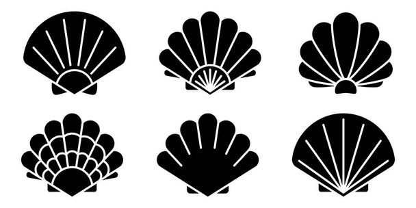 Zeeschelp icoon. Een set van parelschelp iconen. Vector illustratie. Shell vector iconen. Zwarte schelp pictogrammen - Vector, afbeelding