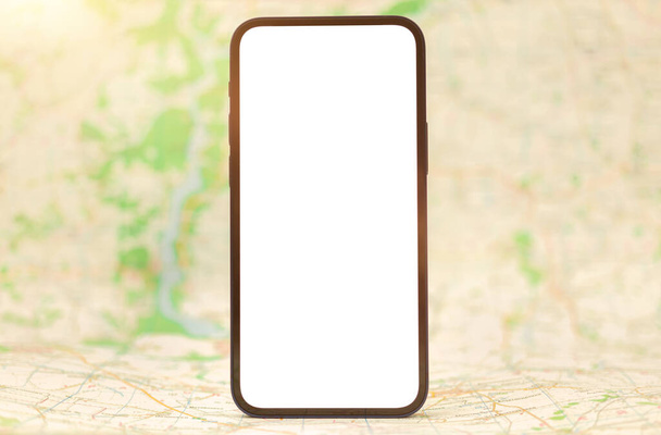 Smartphone mockup on background of city map, town and country navigation concept with copy space photo - Photo, Image