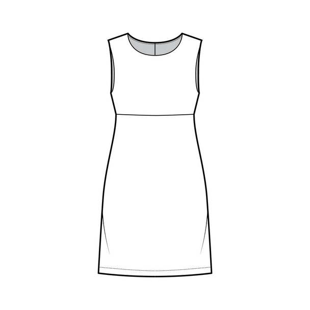 Dress empire line technical fashion illustration with sleeveless, oversized body, knee length A-line skirt. Flat apparel - Vector, Image