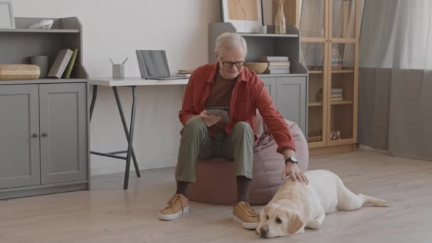 Полноценное медлительность заботливый старший владелец собаки с цифровой планшет в руках гладить его милый лабрадор ретривер собака лежит на полу рядом с ним в современной яркой квартире - Кадры, видео