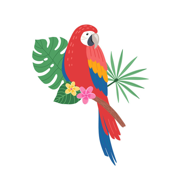 Cute parrot bird sitting on a tropical branch with exotic leaves. Bright colorful vector illustration in cartoon style - Vektori, kuva