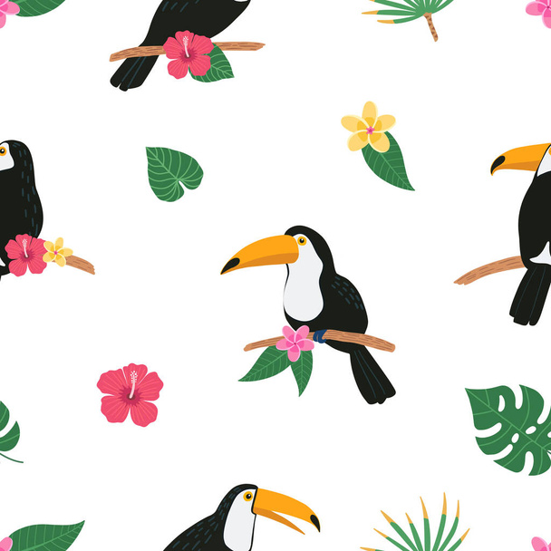 Summer colorful bright seamless hand drawn tropical pattern with toucan birds and exotic plant leaves and flowers of hibiscus on white background. Hawaiian style. Vector illustration - Vector, Image