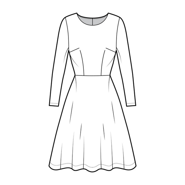 Платье вспыхнул фигурист техническая мода иллюстрация с длинными рукавами, оснащенный тело, длина колена полукруглый юбка. Плоская квартира - Вектор,изображение