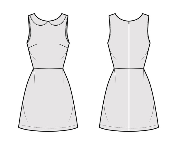 Dress A-line technical fashion illustration with sleeveless, peter pan collar, fitted body, above-the-knee length skirt - Vector, Image
