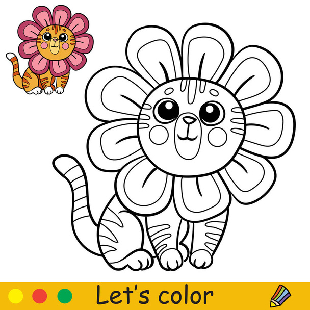 Çiçek kostümlü şirin, mutlu bir kedi. Çocuklar için renkli şablonlu boyama kitabı sayfası. Vektör izole illüstrasyon. Boyama kitabı, baskı, oyun, parti, tasarım için - Vektör, Görsel