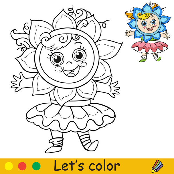 Carino bambina felice in gonna e costume da fiore. Libro da colorare pagina con modello colorato per bambini. Illustrazione isolata del vettore. Per libri da colorare, stampe, giochi, feste, design - Vettoriali, immagini