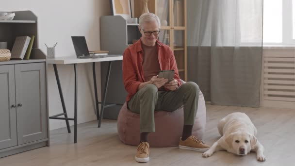 Full-shot pomalý senior muž v ležérní oblečení a brýle pomocí digitálního tabletu, zatímco sedí na fazolovém křesle v moderním bytě spolu s jeho roztomilé žlutý labrador retrívr ležící vedle něj - Záběry, video