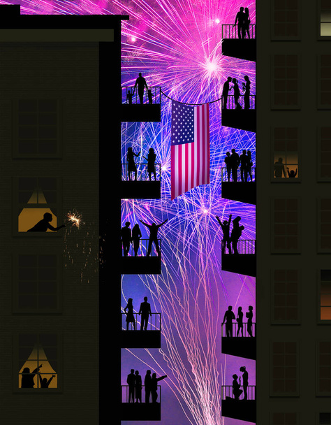 Lidé na svých balkónech na dvou výškových činžovních domech sledují ohňostroj a vlají vlajky USA 4. července v této 3D ilustraci o dni nezávislosti. - Fotografie, Obrázek