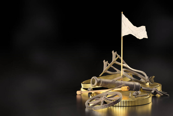 The wrecked cannons were destroyed and piled on the ground with gold coins lying beside them and white flags placed near them in black background. Concept of bankruptcy or losing business. 3D render. - Photo, Image