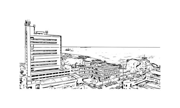 印刷Buenaventuraのランドマークとビルの景色はコロンビアの街です。手描きのスケッチ図ベクトル. - ベクター画像