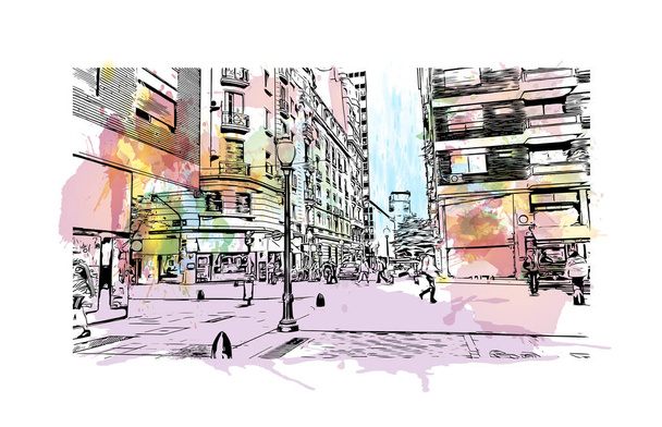 印刷ブエノスアイレスのランドマークとビルの景色はアルゼンチンの首都です。手描きのスケッチイラストと水彩スプラッシュベクトル. - ベクター画像