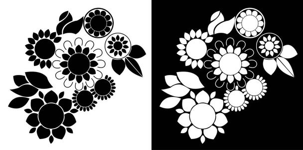 Abstraktní květinový vzor s listy okvětních lístků, spirál a mandaly izolované na černém a bílém pozadí  - Vektor, obrázek