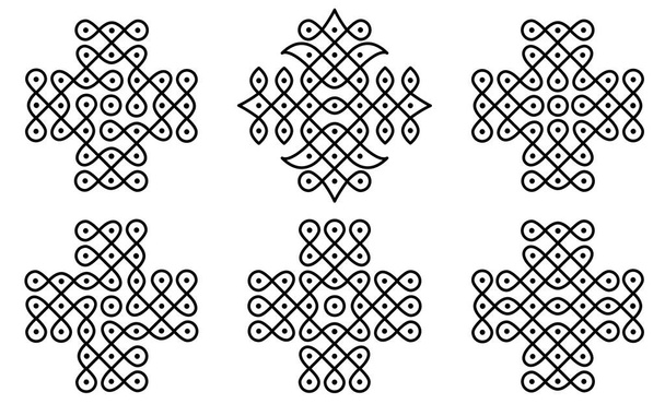 Zestaw 7X3 indyjskich tradycyjnych i kulturalnych Rangoli lub kolam koncepcji projektowania zakrzywione linie i kropki izolowane na białym tle - Wektor, obraz