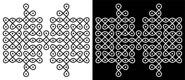 Diseño tradicional y cultural indio de rangoli o kolam de líneas curvas y puntos aislados sobre fondo blanco y negro  - Vector, imagen
