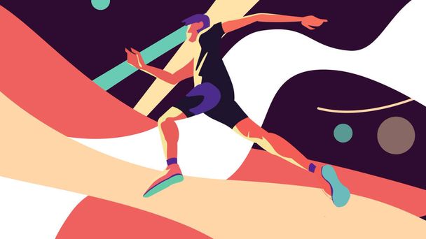 Side view of an abstract young jumping man on geometric shapes background. Motion. Concept of sport and active lifestyle. - 写真・画像