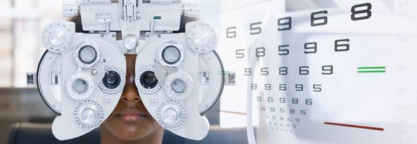Young woman african american eye exam with diagnostic ophthalmology in optical clinic, double exposure test chart vision optician check up number. Image banner size. - Photo, Image