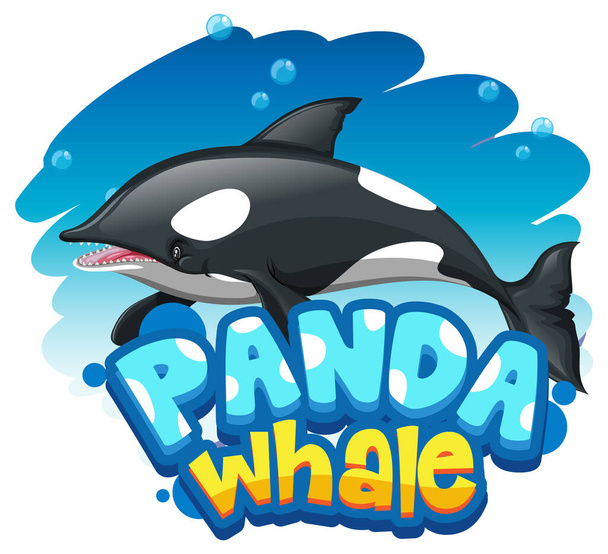 Personaje de dibujos animados de Orca o Ballena Asesina con banner de fuente Panda Whale ilustración aislada - Vector, imagen
