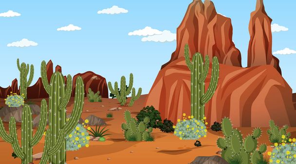 Woestijnbos landschap overdag scène met veel cactussen illustratie - Vector, afbeelding