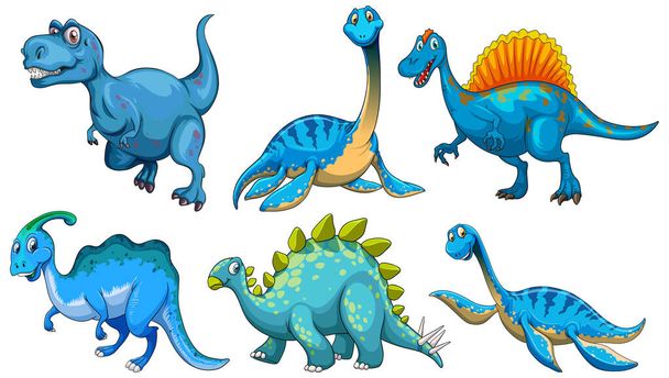 Набор иллюстраций персонажей мультфильма о голубом динозавре - Вектор,изображение