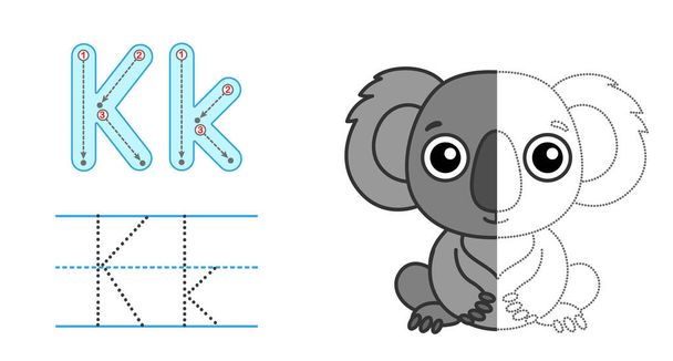 Trace the letter and picture and color it. Educational children tracing game. Coloring alphabet. Letter K and funny Koala - Vector, Image