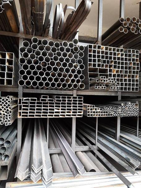 Closeup of different design and shapes of Mild Steel Railing materials in the shop of sale using in the building construction. - Photo, image