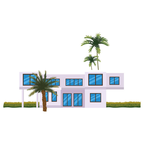 Lakóház épület, trópusi fák, tenyerek. Ház külső homlokzatok elölnézet építészet család modern kortárs nyaraló vagy apartmanok, villa. Külvárosi tulajdon - Vektor, kép