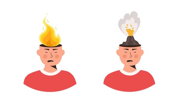 Zestaw męskich postaci głowy w wektorze ognia płaska ilustracja. Mężczyzna lub kobieta odczuwają stres w pracy, gniew. Pojęcie emocjonalnej ekspresji wypalenia lub irytacji. Choroba psychiczna. Objawy psychologiczne - Wektor, obraz
