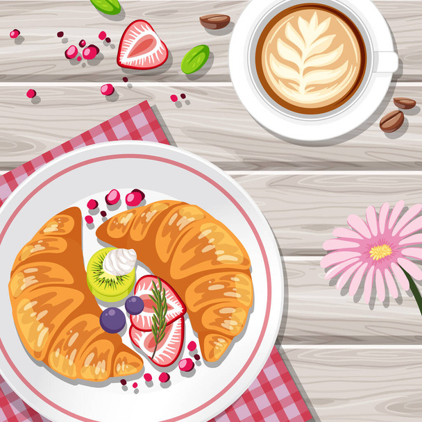 Breakfast croissant with fruits and a cup of coffee on the table illustration - ベクター画像
