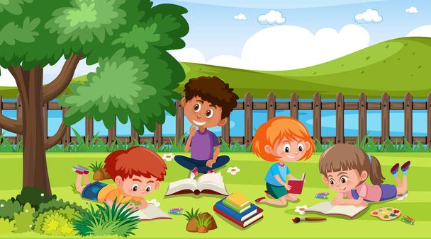 Сцена з багатьма дітьми читає книгу в парку ілюстрація
 - Вектор, зображення
