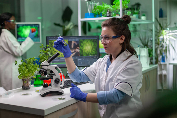 Científico doctor analizando plantas botánicas bajo microscopio - Foto, Imagen