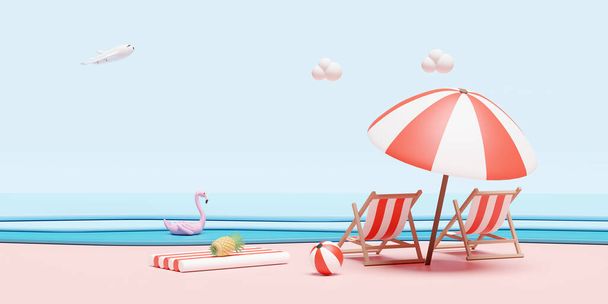plage d'été et ciel avec chaise de plage, ballon, anneau de natation flamant rose, feuille de palmier, concept de fond de paysage, illustration 3D ou rendu 3D - Photo, image