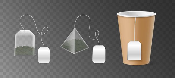 Silky pyramid and rectangular teabags with green tea and brown cardboard cup and white blank bag tag - Vector, Image