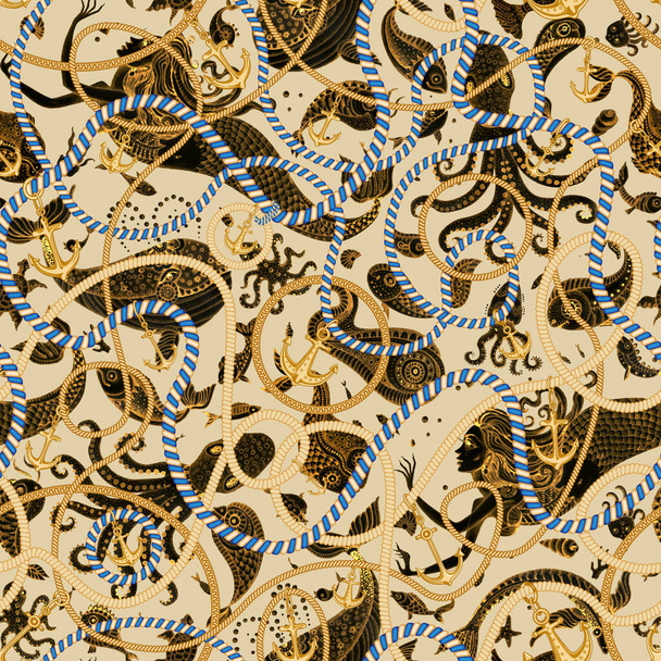 Gouden kettingen, zeeankers, sieraden accessoires, gestreepte kabels en touwen naadloos patroon op een beige achtergrond met gouden en zwarte aquarel geschilderde zeemeerminnen, vissen, octopussen en oceaandieren. Barokke zijden print, behang - Foto, afbeelding