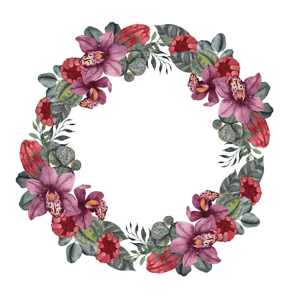 Watercolor floral wreath, isolated on white background - 写真・画像