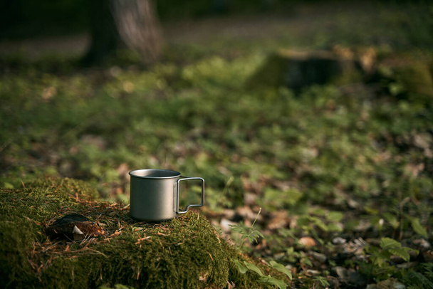 Titan metal mug on the trunk covered with moss. Hike in the woods. Tea or coffee time while adventure travel in the forest. Tourism equipment concept - Photo, Image