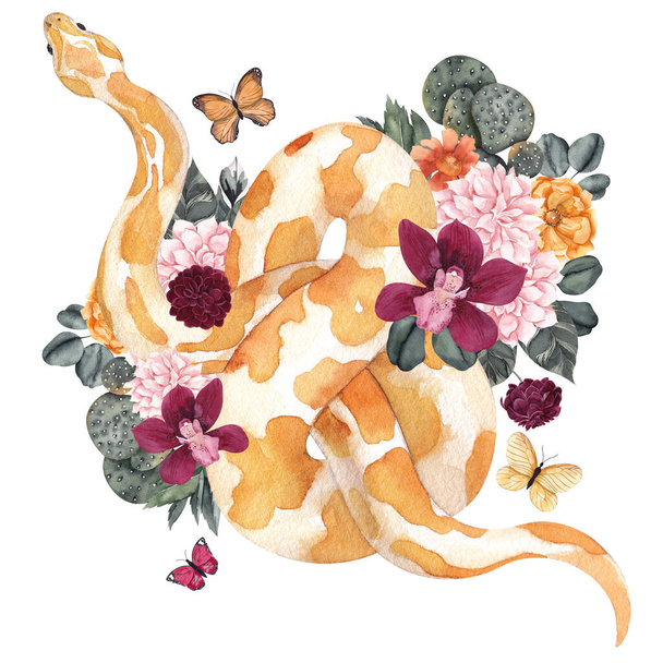 Акварельная иллюстрация со змеиной и цветочной композицией, выделенная на белом фоне - Фото, изображение