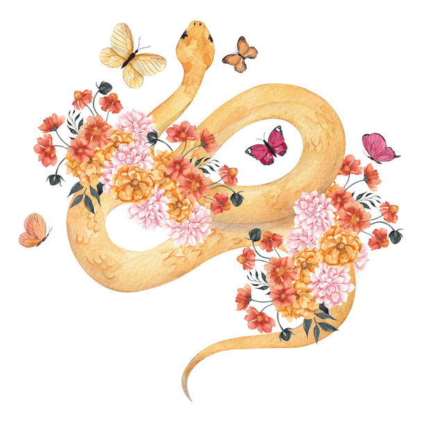 Watercolor illustration with snake and floral composition, isolated on white background - Foto, Bild