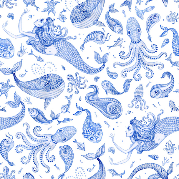 Patrón de fondo de pantalla sin costuras de índigo azul pintado a mano cuento de hadas animales de mar y sirena. Acuarela fantasía peces, pulpo, coral, conchas de mar, burbujas, aislado sobre un fondo blanco  - Foto, imagen
