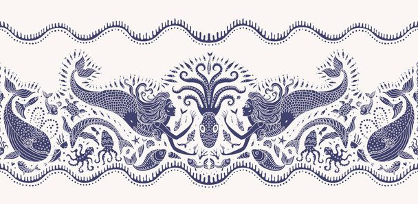 ベクトルシームレスな境界パターン。幻想的な人魚、タコ、魚、海の動物ベージュの背景に装飾が施された濃い青のシルエット。バティック,壁紙フリンジ,テキスタイルプリント,包装紙 - ベクター画像