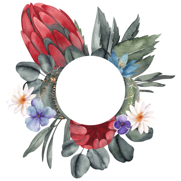 Watercolor frame with tropical frame, pretty flowers, mushroom and cactus, isolated on white background - Φωτογραφία, εικόνα